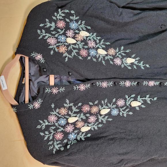 Vintage 1960s Black Embroidered Beaded Lined Wool Cardigan Women Sz 42 EU/XL US - Picture 6 of 11